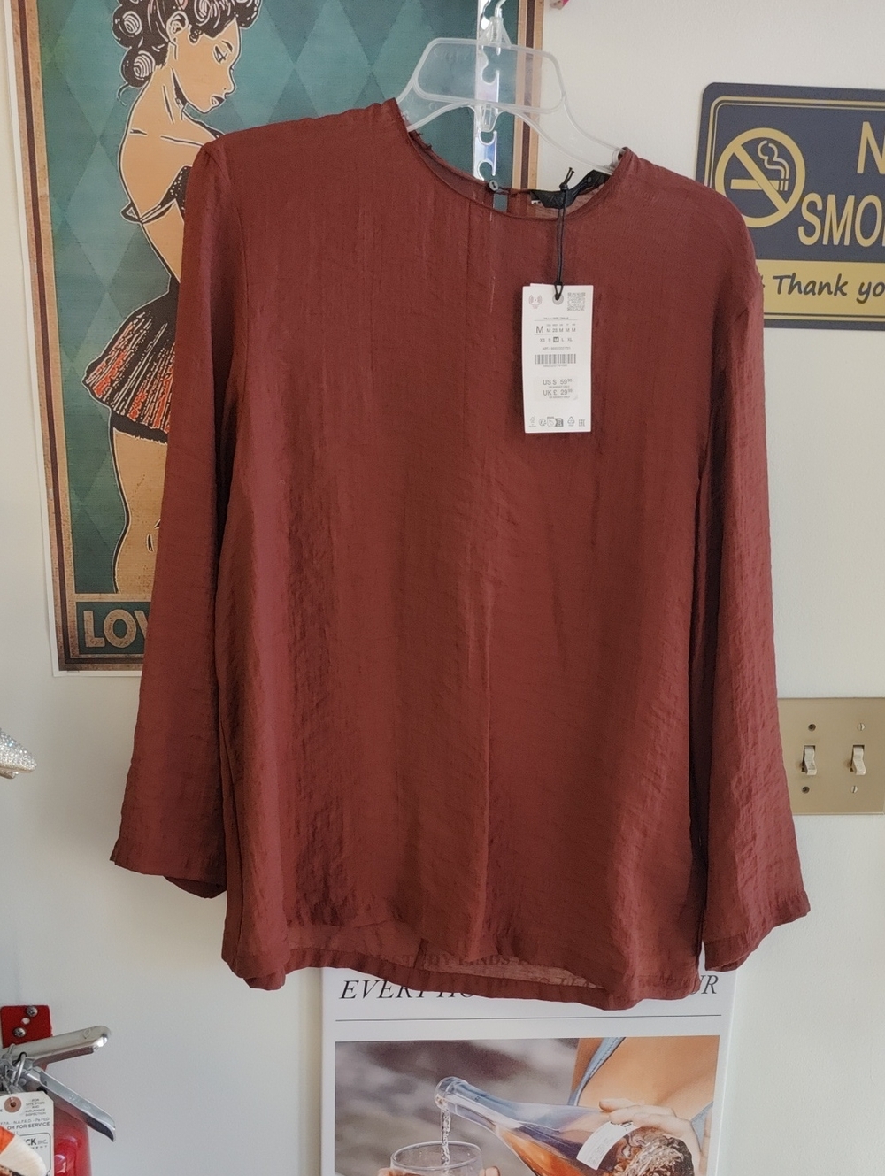 Zara Rust Long-Sleeve Textured Blouse